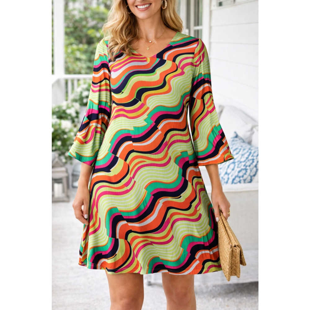Women's KAARI BLUE CURVY Mini Dress 0X Green Orange Multi-Color Wave Print